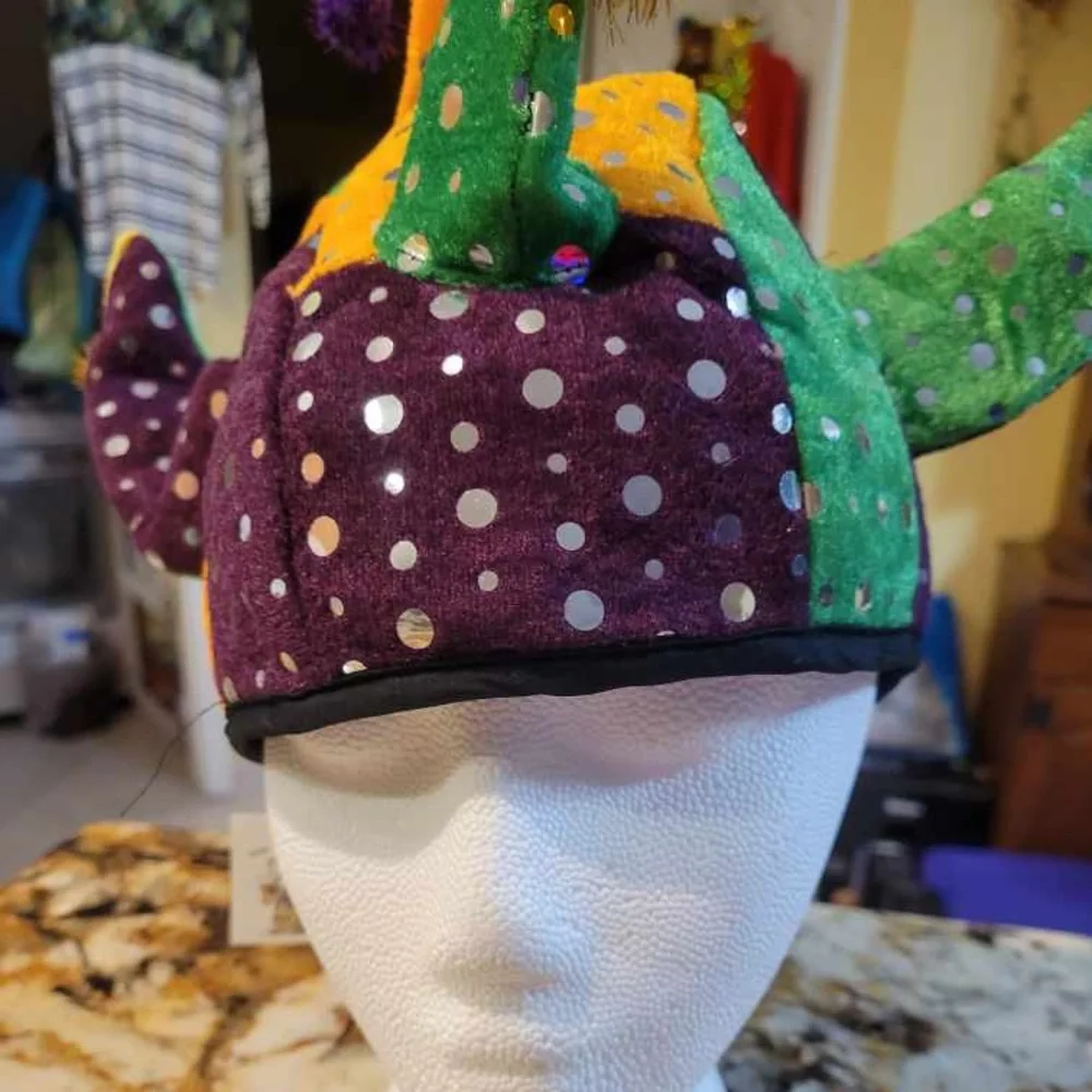 NEW - Mardi Gras Jester hat in purple gold green and sequin embellishment & tail